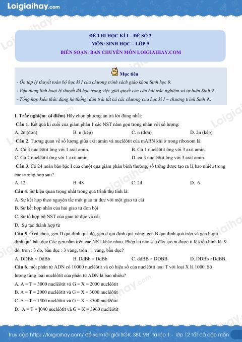 Đề số 2 - Đề kiểm tra học kì 1 - Sinh học 9